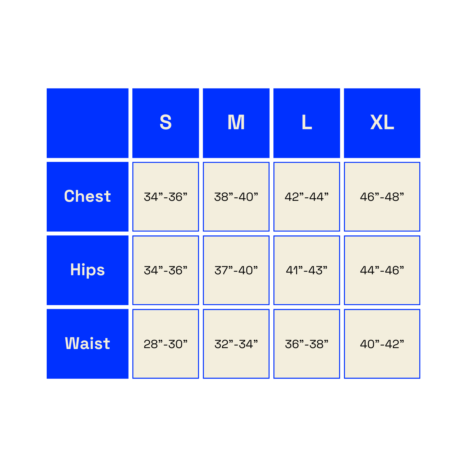 BELA sweatshirt sizing chart